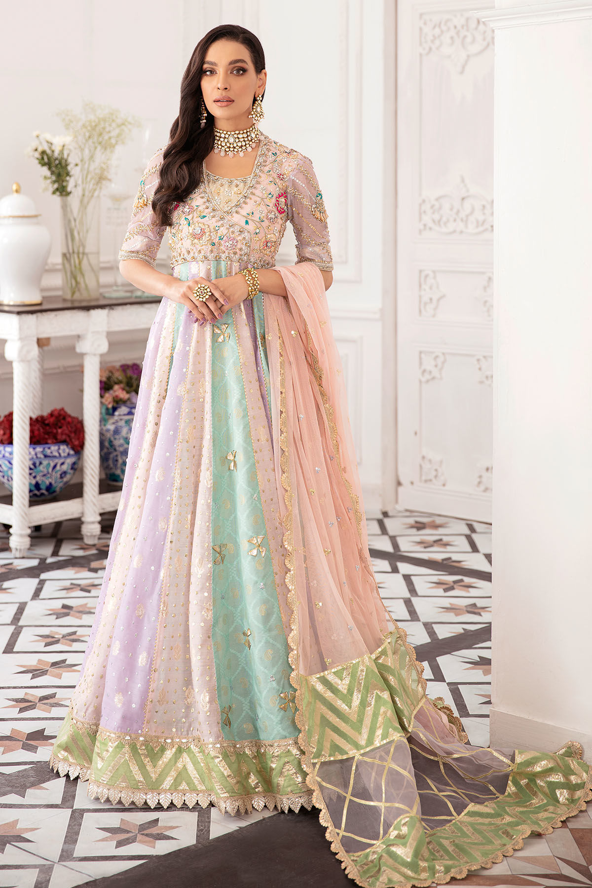 Multicoloured Zardozi Net Kalidar Dress (3-Piece) - Image 1