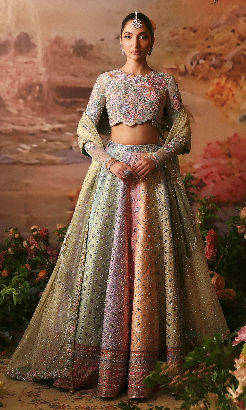 Pakistani Multicolour Pastel Mirror Work Raw Silk Lehenga Choli (3-Piece) - Image 1
