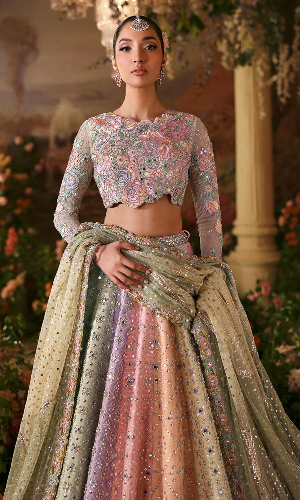 Pakistani Multicolour Pastel Mirror Work Raw Silk Lehenga Choli (3-Piece) - Image 3