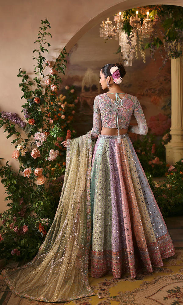 Pakistani Multicolour Pastel Mirror Work Raw Silk Lehenga Choli (3-Piece) - Image 4