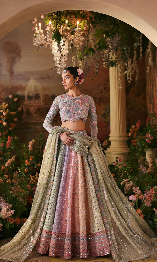 Pakistani Multicolour Pastel Mirror Work Raw Silk Lehenga Choli (3-Piece) - Image 7