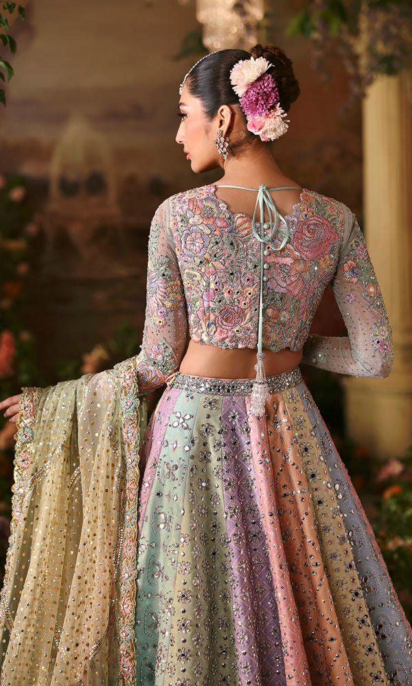 Pakistani Multicolour Pastel Mirror Work Raw Silk Lehenga Choli (3-Piece) - Image 8