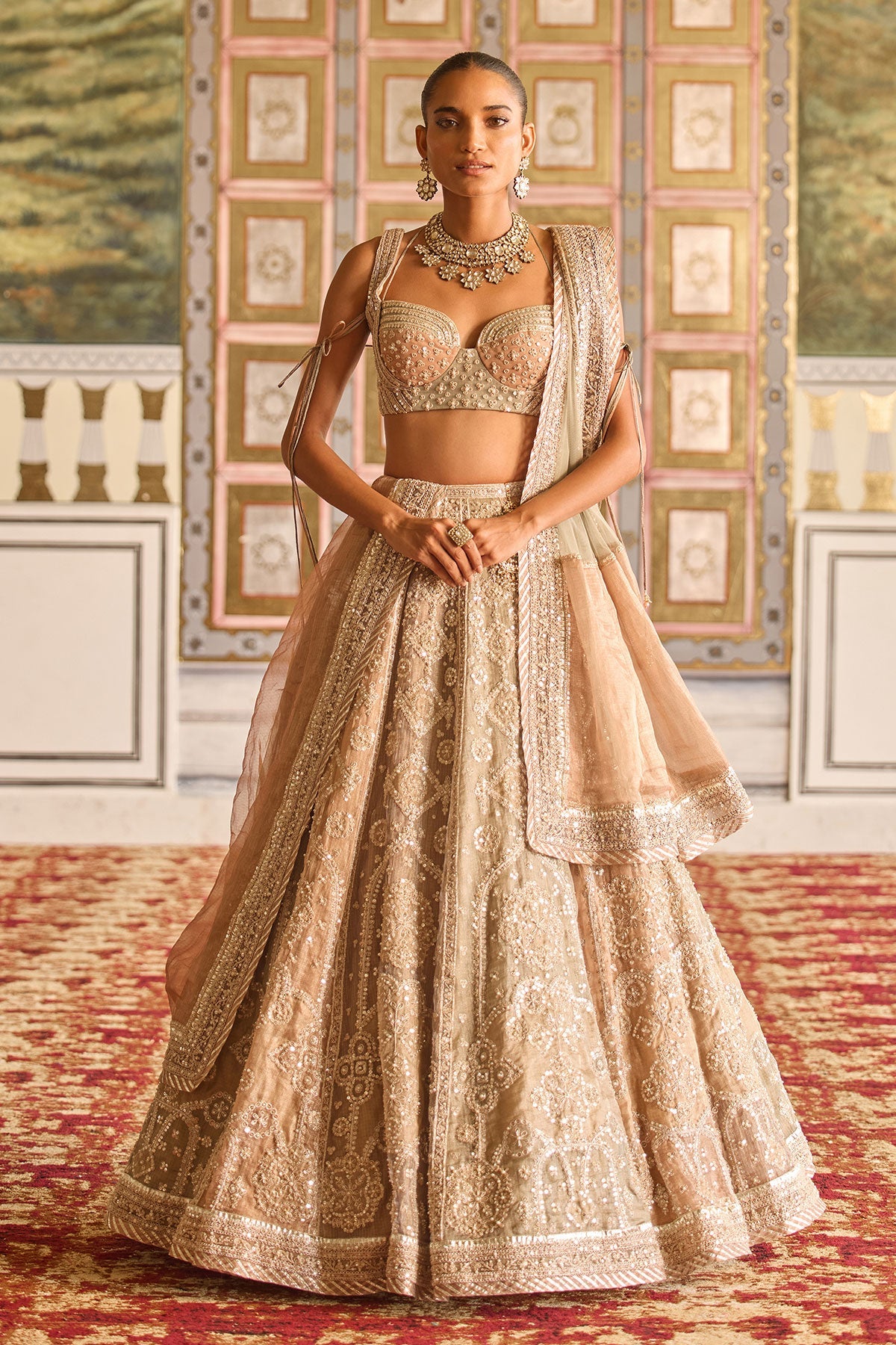 Pastel Embroidered Tissue Lehenga Set (3-Piece) - Image 1