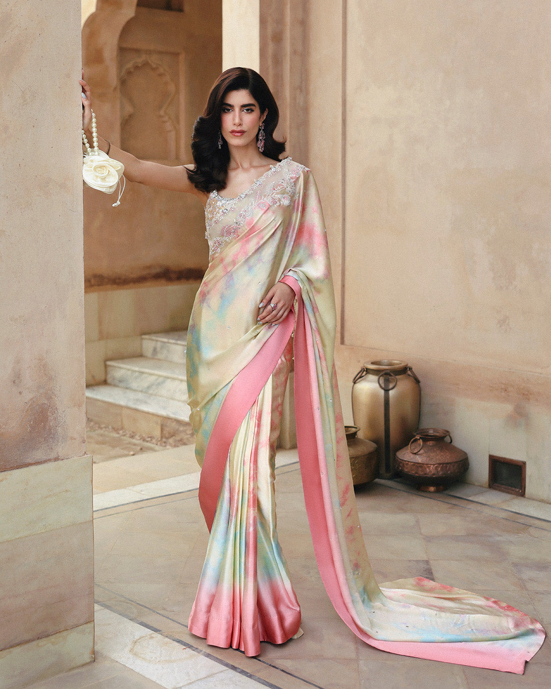 Pakistani Multi Tie-and-Dye Silk Saree with Embellished Net Blouse (3-Piece) - Image 1
