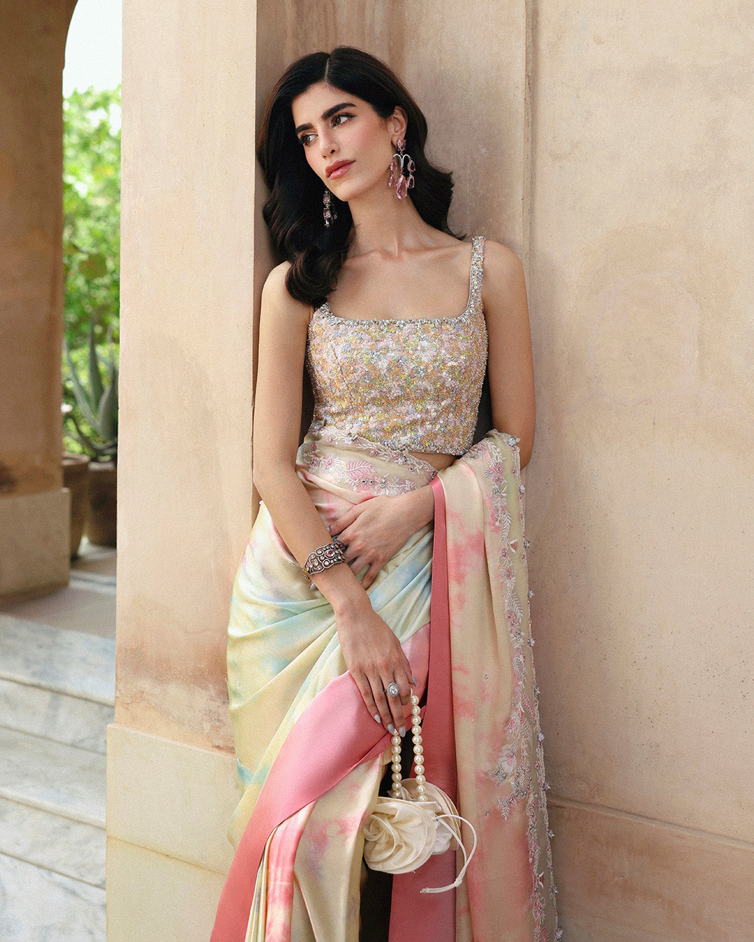 Pakistani Multi Tie-and-Dye Silk Saree with Embellished Net Blouse (3-Piece) - Image 2