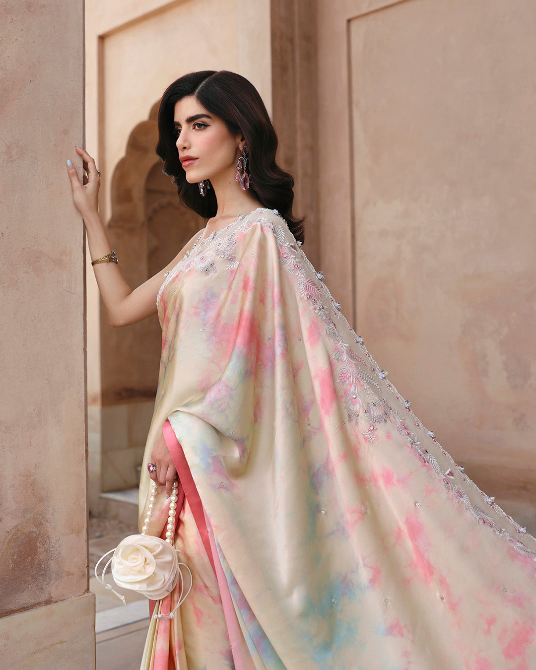 Pakistani Multi Tie-and-Dye Silk Saree with Embellished Net Blouse (3-Piece) - Image 3