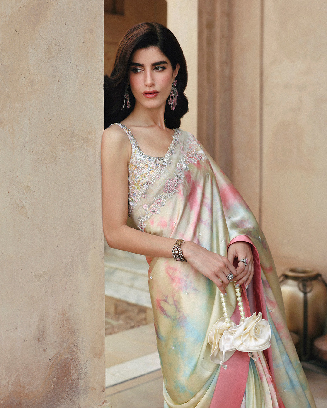 Pakistani Multi Tie-and-Dye Silk Saree with Embellished Net Blouse (3-Piece) - Image 4