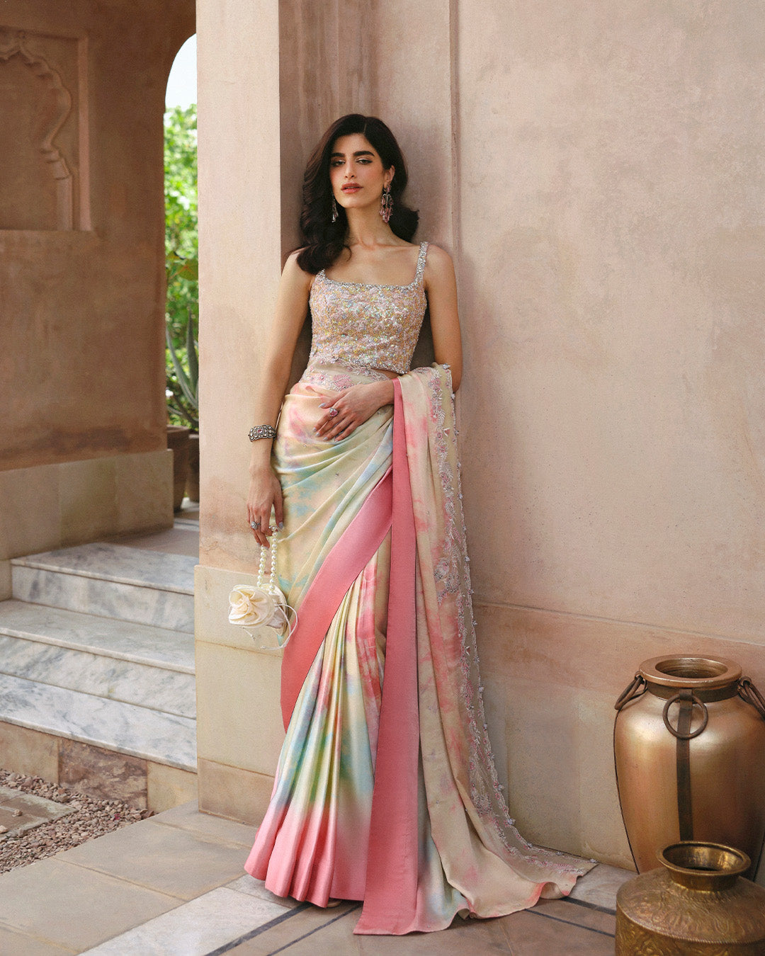 Pakistani Multi Tie-and-Dye Silk Saree with Embellished Net Blouse (3-Piece) - Image 5