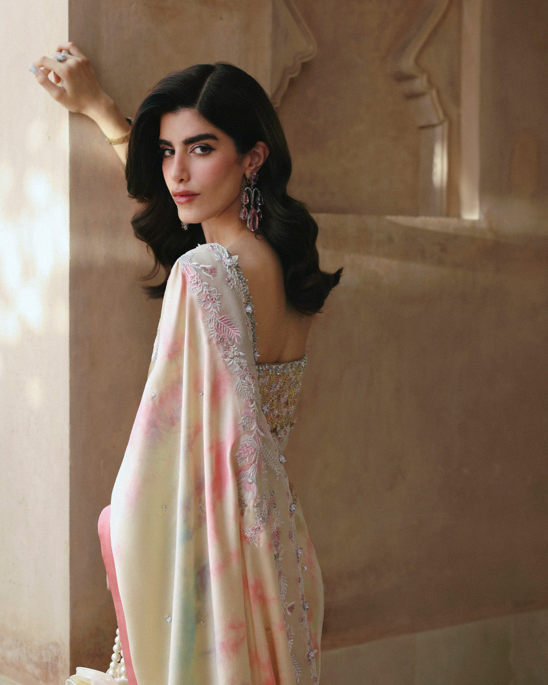 Pakistani Multi Tie-and-Dye Silk Saree with Embellished Net Blouse (3-Piece) - Image 6