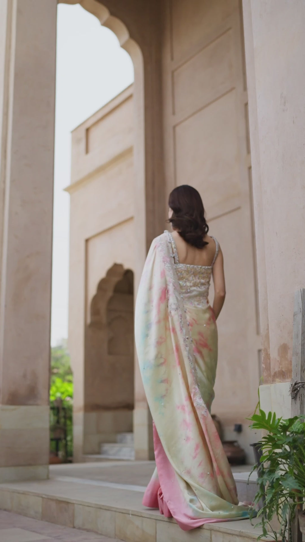 Pakistani Multi Tie-and-Dye Silk Saree with Embellished Net Blouse (3-Piece) - Image 7