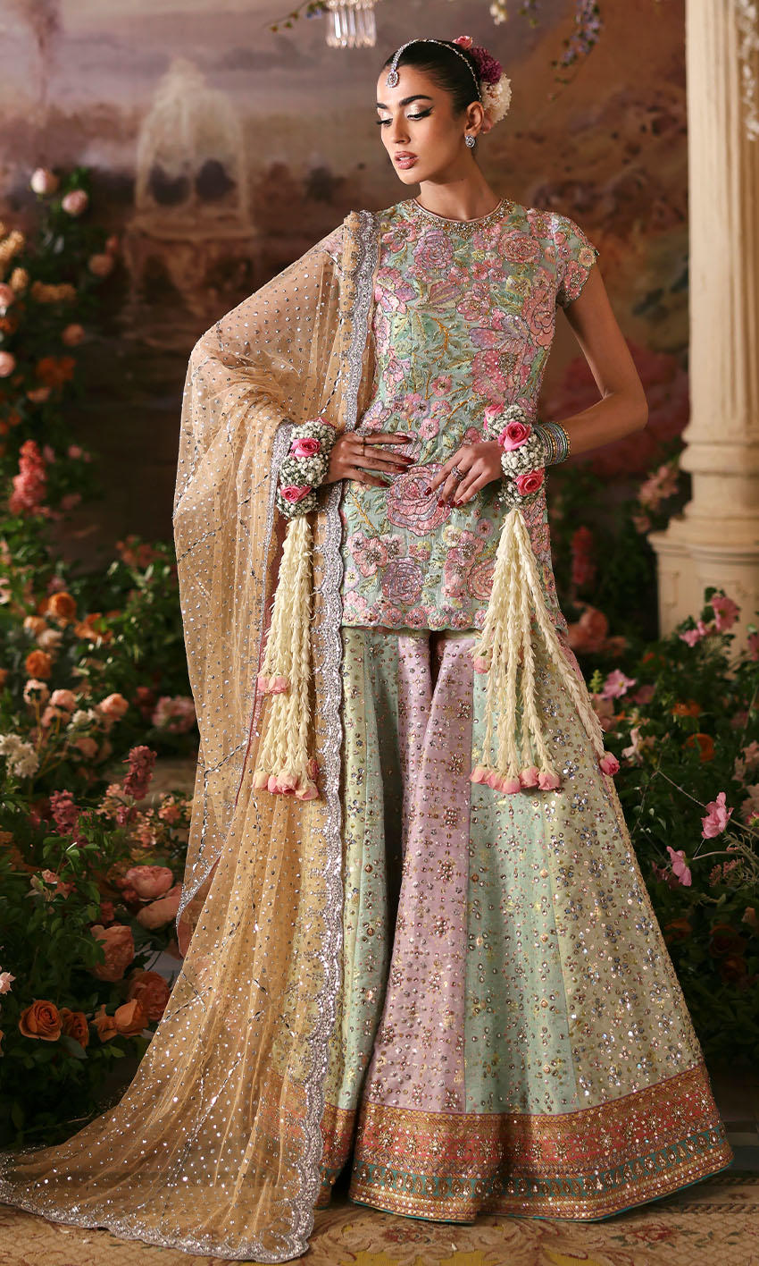 Pakistani Pastel Multicolour Embroidered Silk Blend Sharara (3-Piece) - Image 1