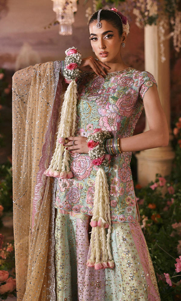 Pakistani Pastel Multicolour Embroidered Silk Blend Sharara (3-Piece) - Image 3