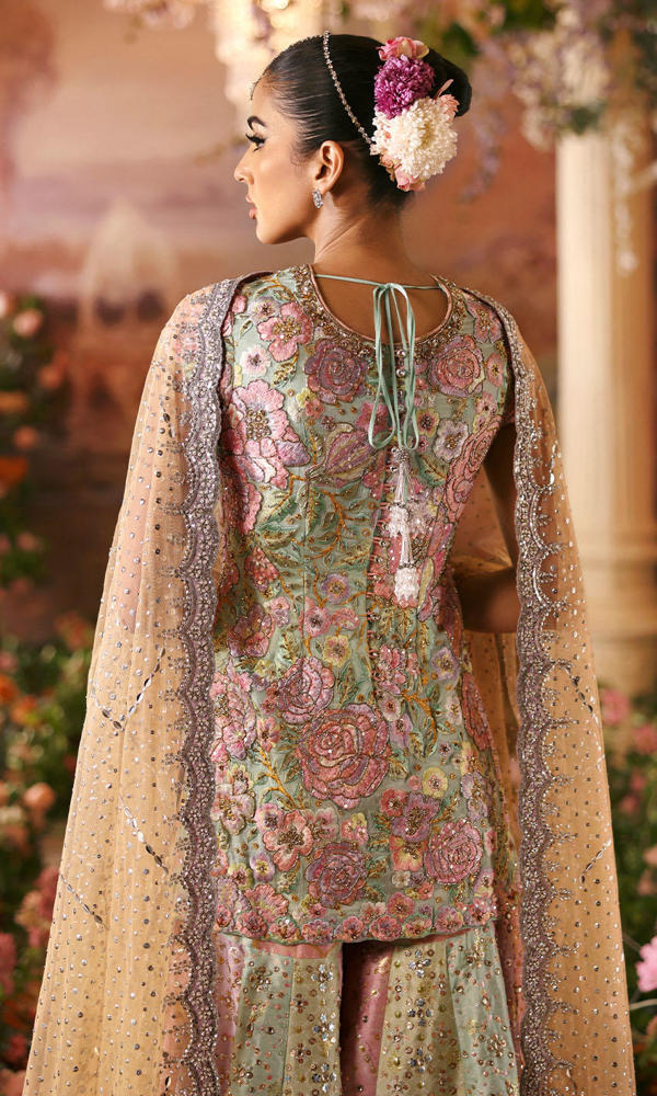 Pakistani Pastel Multicolour Embroidered Silk Blend Sharara (3-Piece) - Image 4