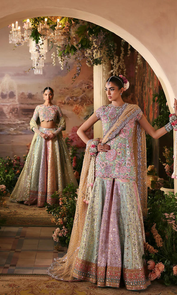 Pakistani Pastel Multicolour Embroidered Silk Blend Sharara (3-Piece) - Image 5