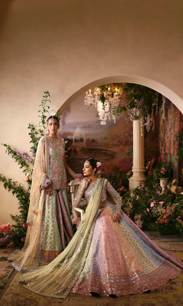 Pakistani Pastel Multicolour Embroidered Silk Blend Sharara (3-Piece) - Image 9