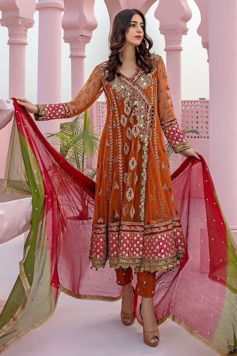 Rust-Peach Gota Resham Net Angrakha (3-Piece) - Image 1