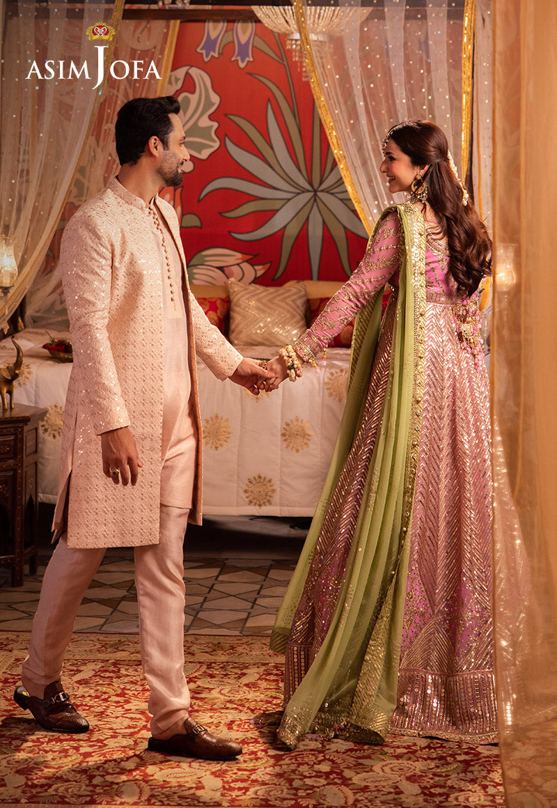 Pale Peach Sequin Resham Raw Silk Sherwani (3-Piece) - Image 3