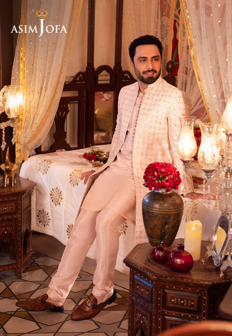 Pale Peach Sequin Resham Raw Silk Sherwani (3-Piece) - Image 4