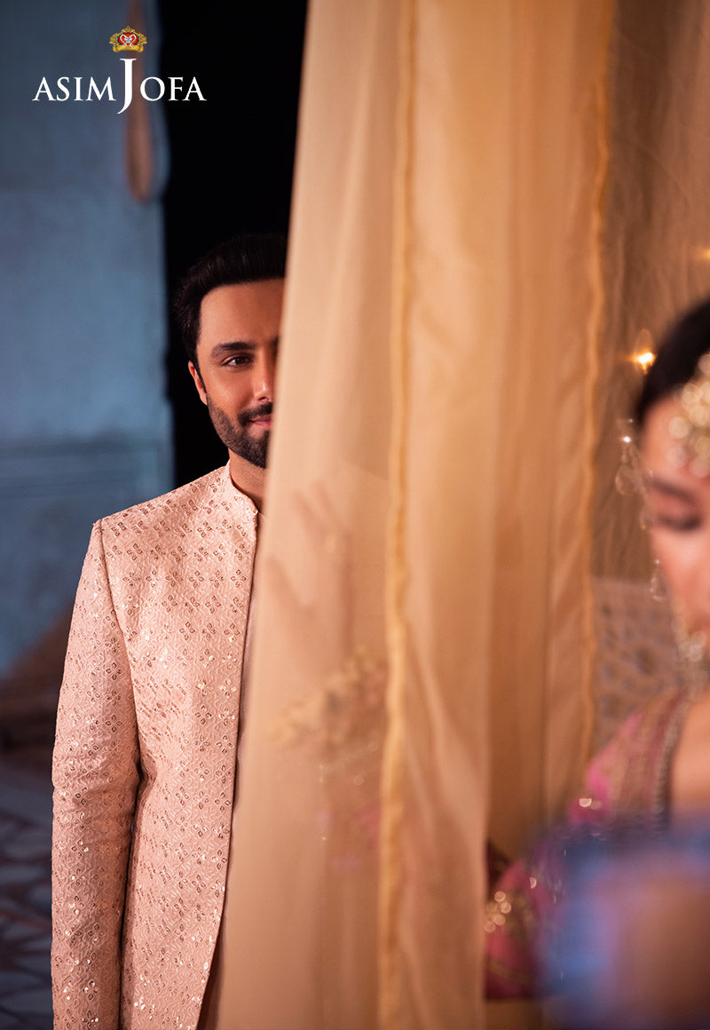 Pale Peach Sequin Resham Raw Silk Sherwani (3-Piece) - Image 6