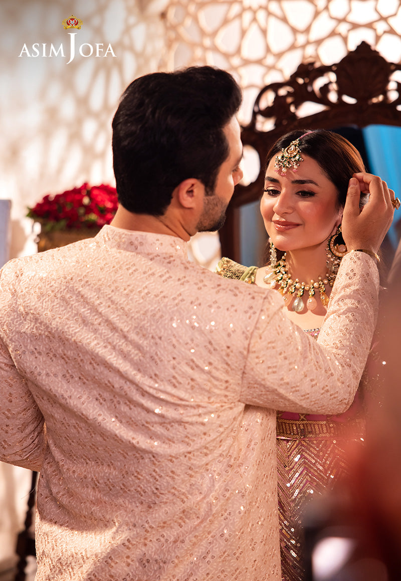 Pale Peach Sequin Resham Raw Silk Sherwani (3-Piece) - Image 7