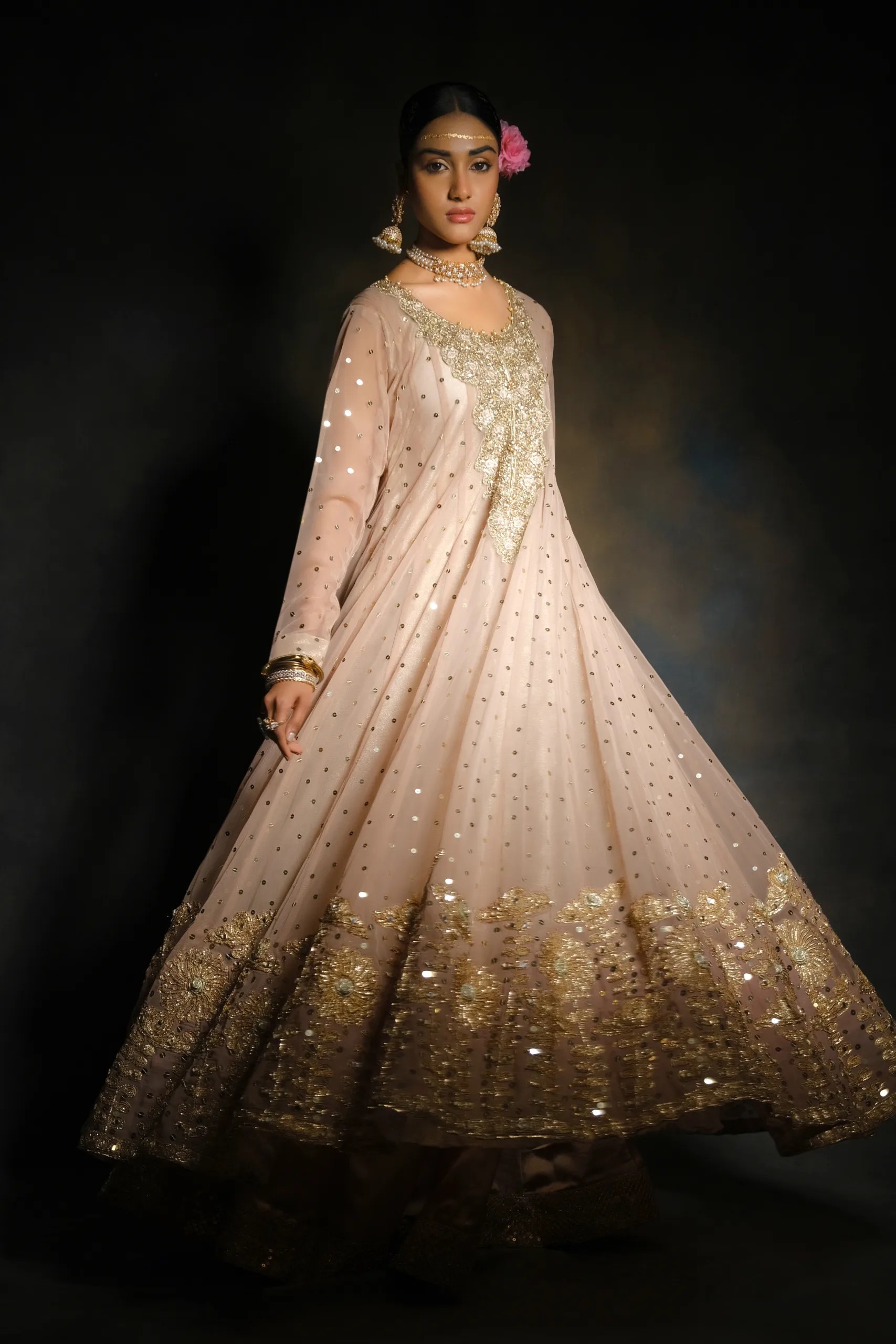 Pakistani Canter Peach Embroidered Net Bridal Gown (2-Piece) - Image 1