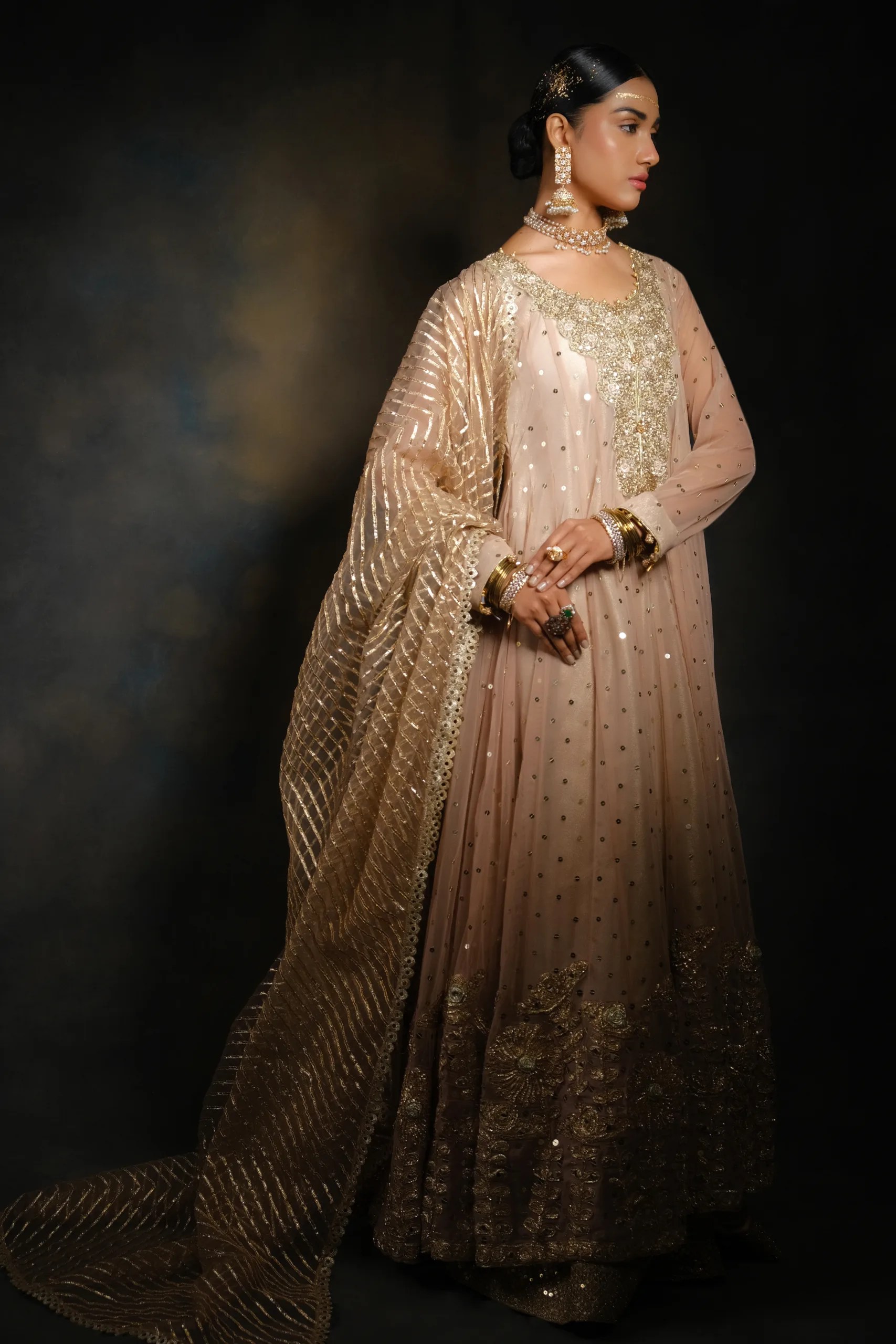 Pakistani Canter Peach Embroidered Net Bridal Gown (2-Piece) - Image 2