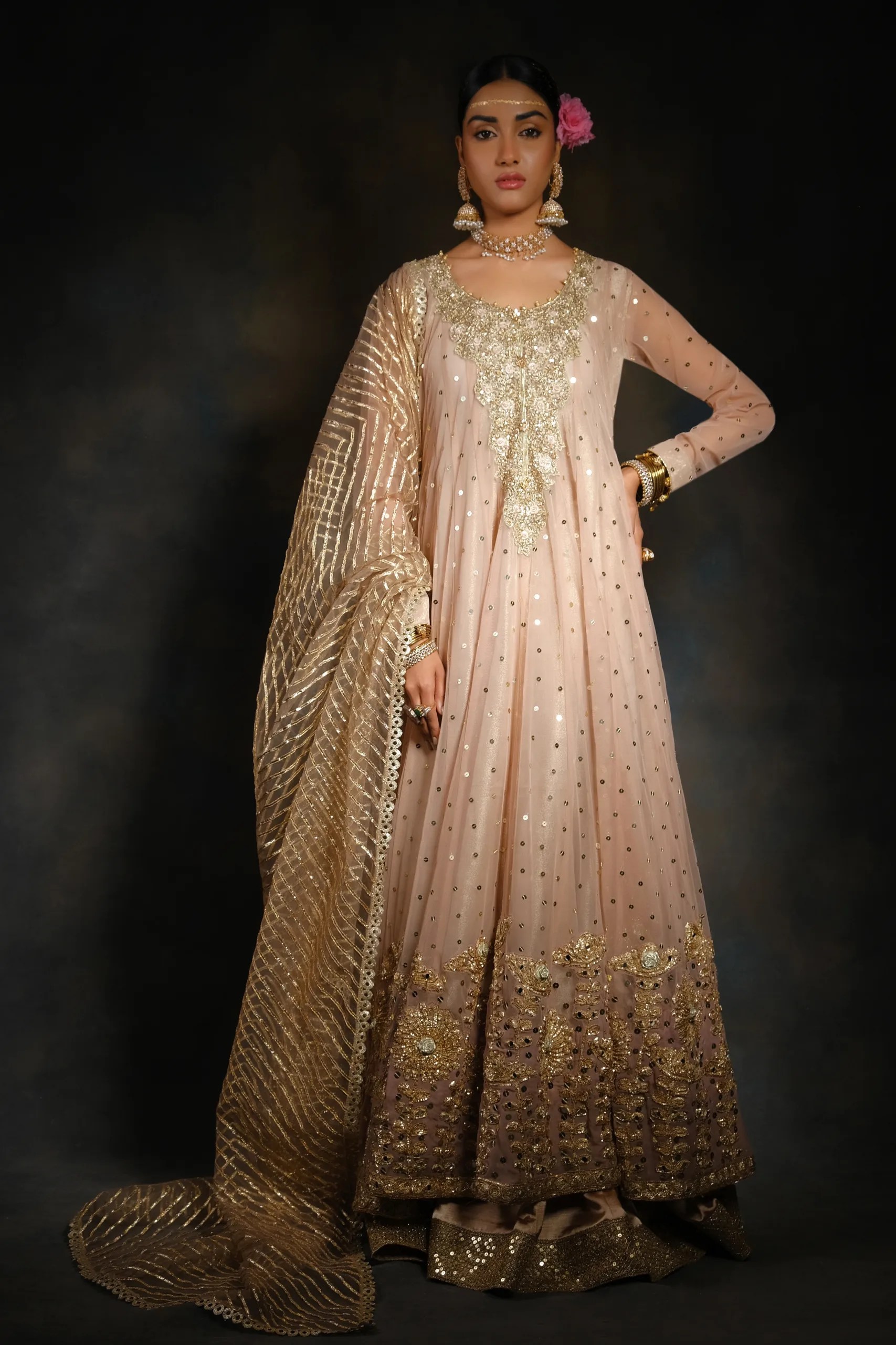 Pakistani Canter Peach Embroidered Net Bridal Gown (2-Piece) - Image 3