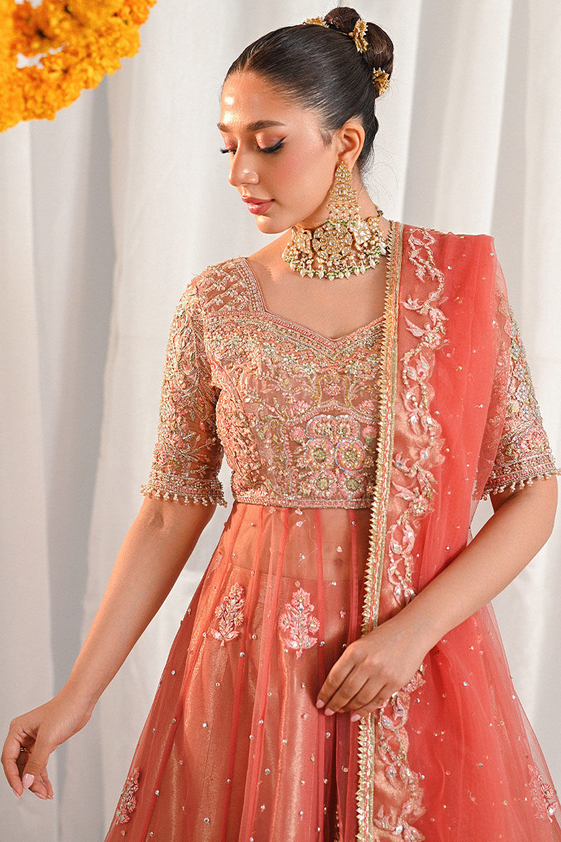 Pakistani Salmon Peach Zardosi Embroidered Kalidaar Dress (2-Piece) - Image 2
