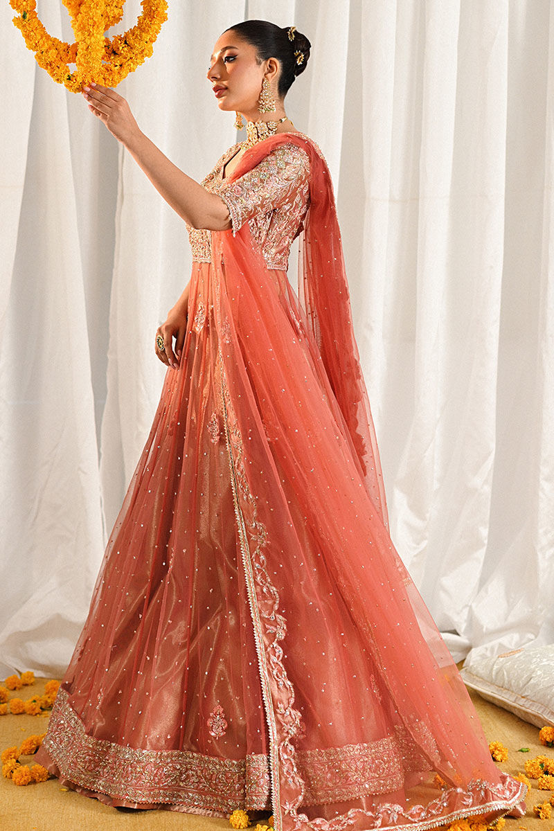 Pakistani Salmon Peach Zardosi Embroidered Kalidaar Dress (2-Piece) - Image 5