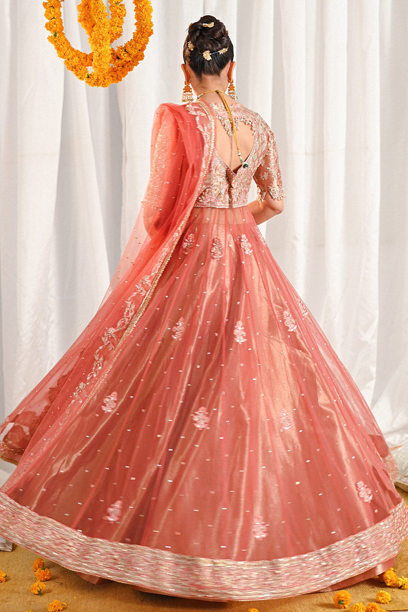 Pakistani Salmon Peach Zardosi Embroidered Kalidaar Dress (2-Piece) - Image 6