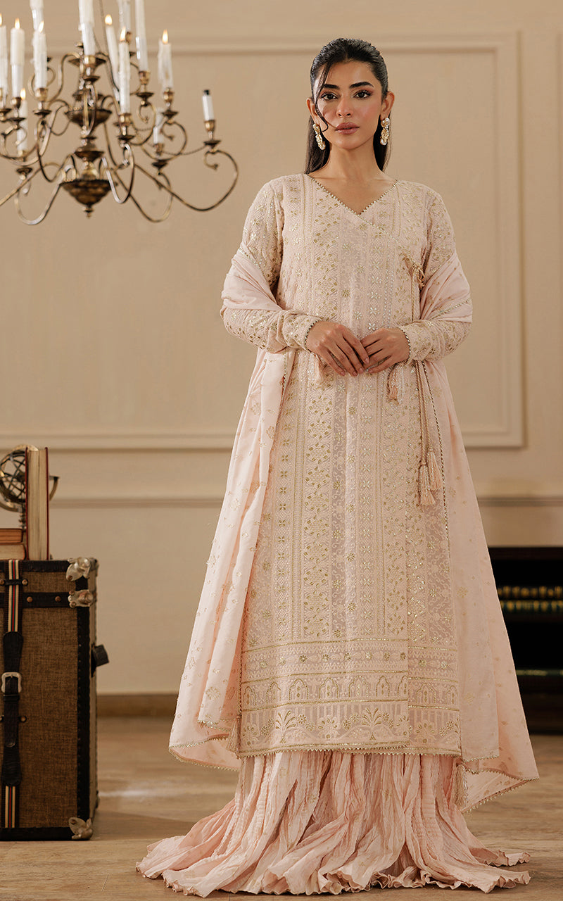 Pakistani Peach Kamdani Chiffon Angrakha (3-Piece) - Image 1