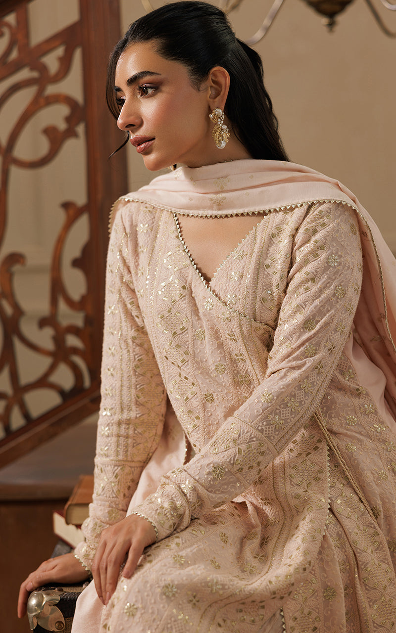 Pakistani Peach Kamdani Chiffon Angrakha (3-Piece) - Image 2