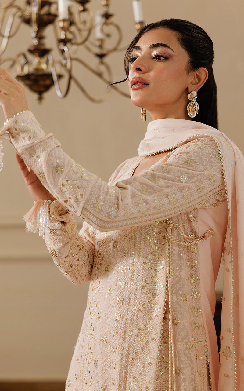 Pakistani Peach Kamdani Chiffon Angrakha (3-Piece) - Image 3