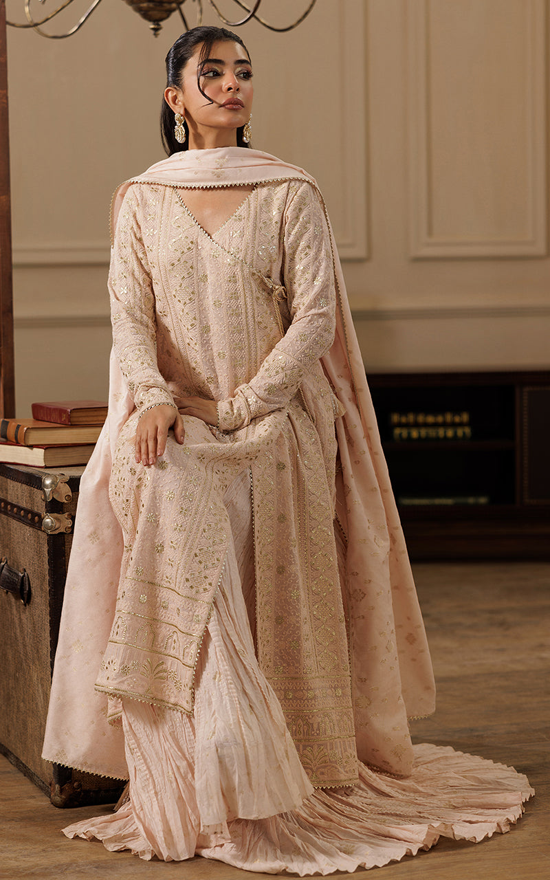 Pakistani Peach Kamdani Chiffon Angrakha (3-Piece) - Image 4