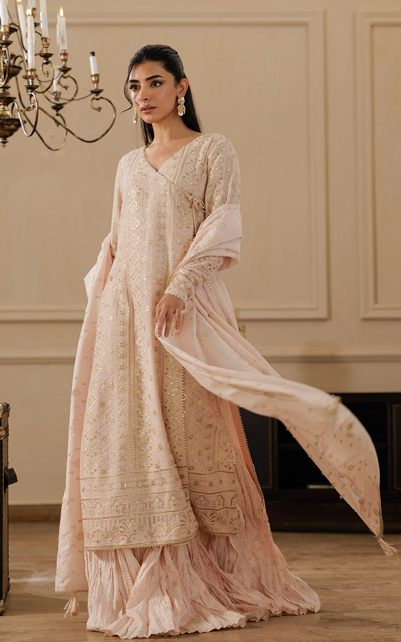Pakistani Peach Kamdani Chiffon Angrakha (3-Piece) - Image 7