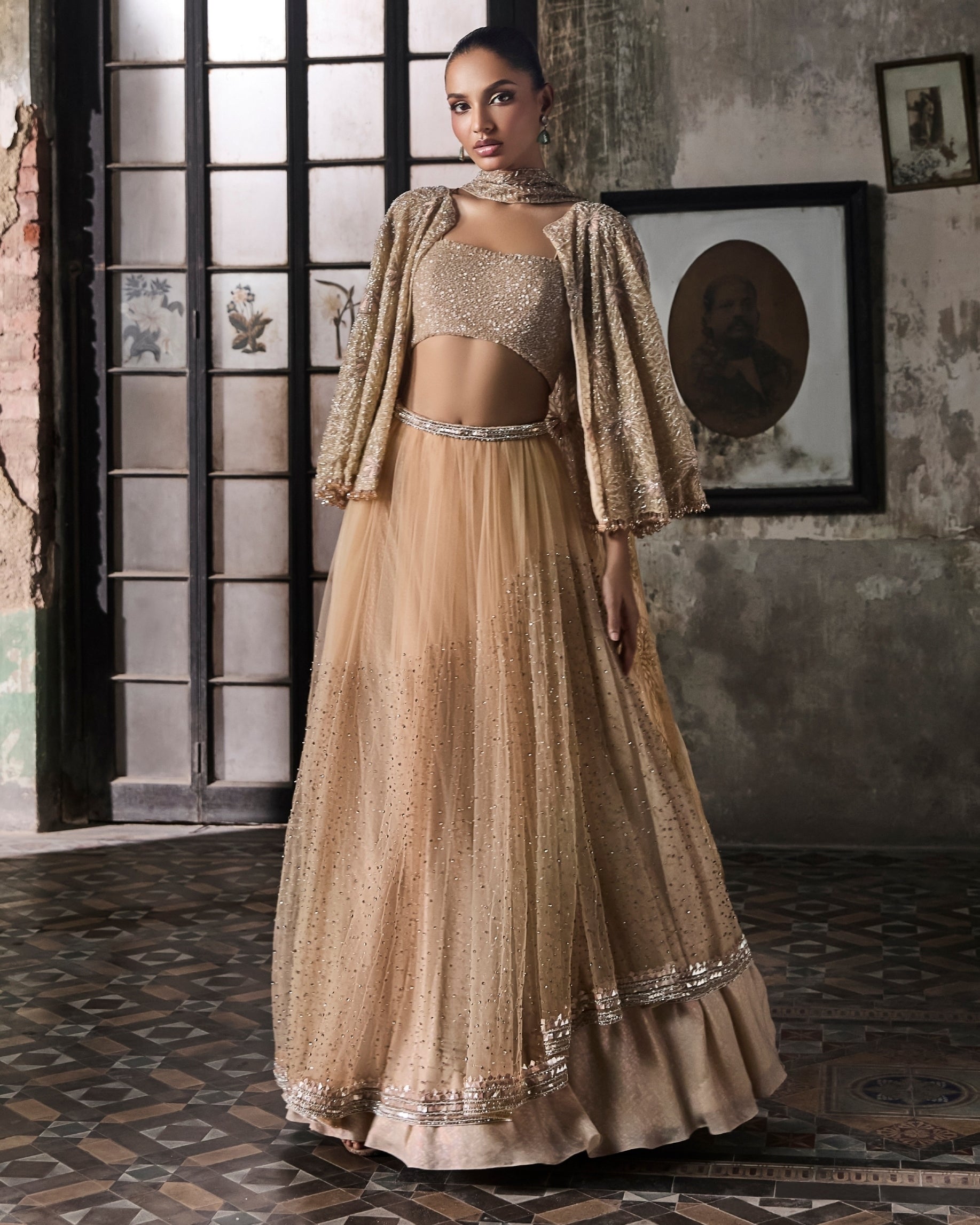 Indian Light Peach Embellished Net Cape Lehenga (3-Piece) - Image 1