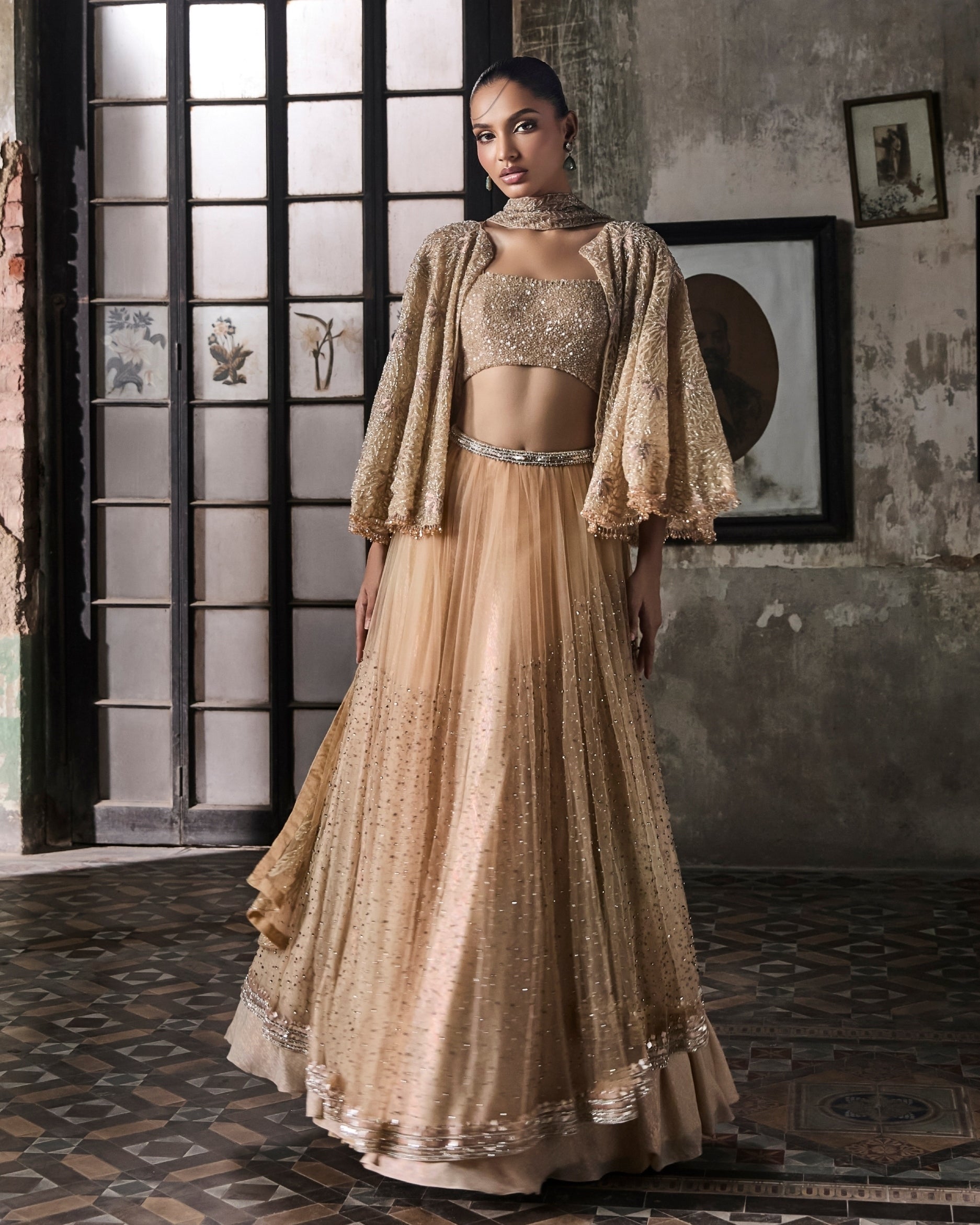Indian Light Peach Embellished Net Cape Lehenga (3-Piece) - Image 2