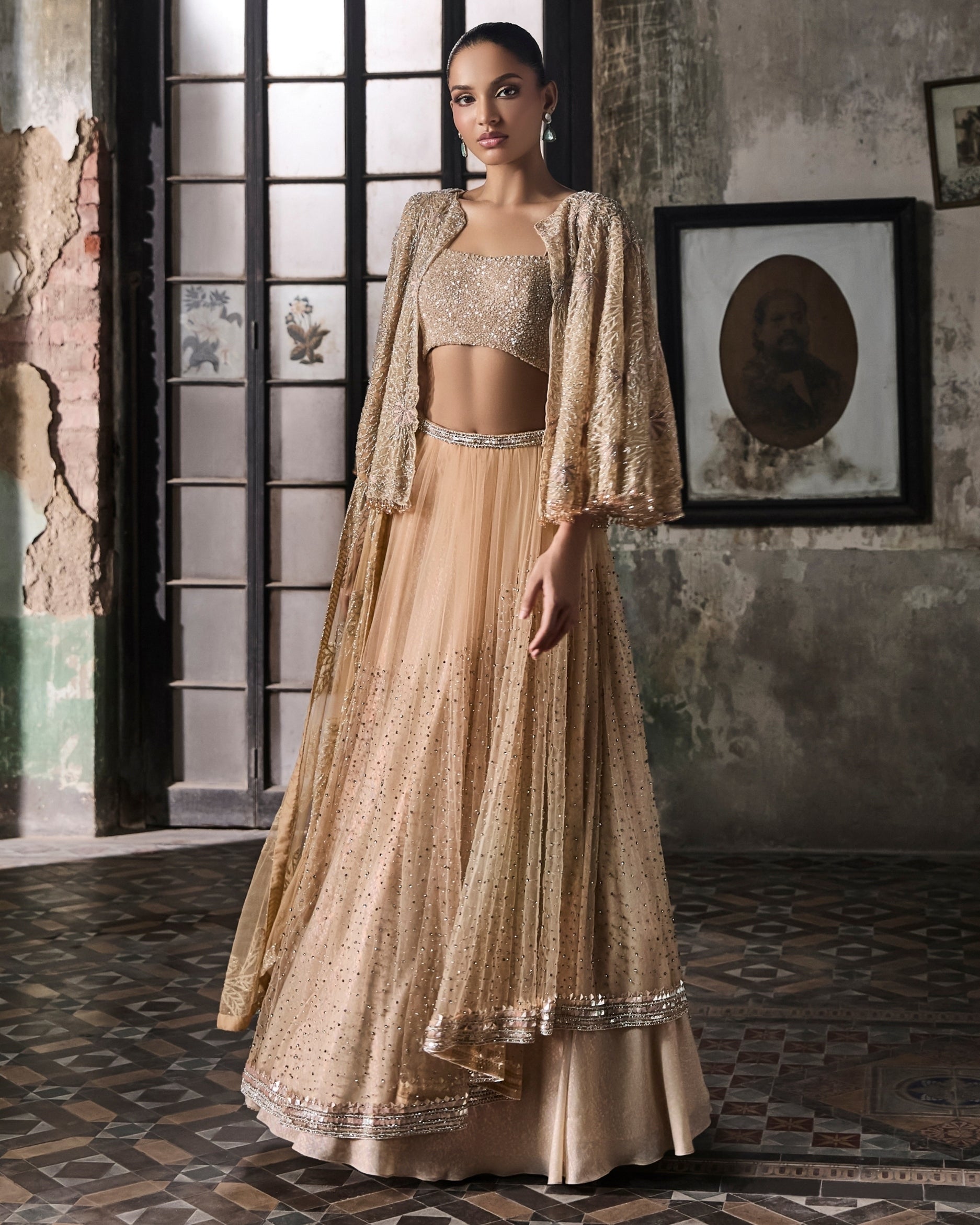 Indian Light Peach Embellished Net Cape Lehenga (3-Piece) - Image 3