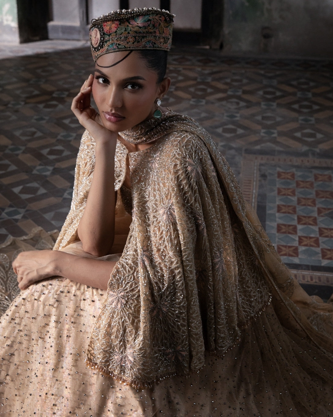 Indian Light Peach Embellished Net Cape Lehenga (3-Piece) - Image 4