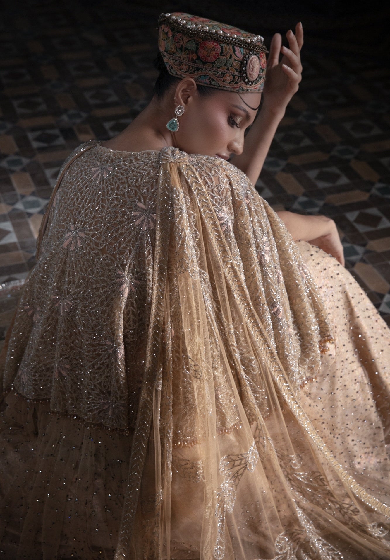 Indian Light Peach Embellished Net Cape Lehenga (3-Piece) - Image 6