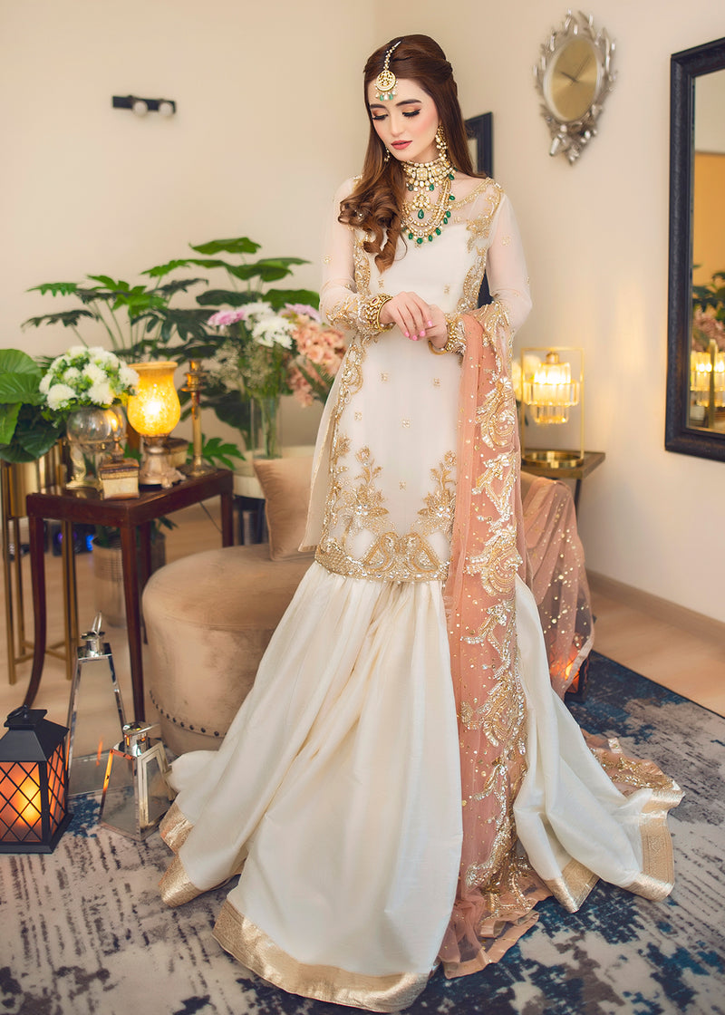 Peach & Cream Embroidered Net Silk Farshi Gharara (3-Piece) - Image 2