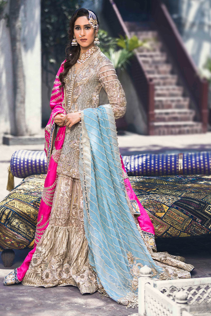 Salmon Peach Zari Tissue Gharara Set (3-Piece) - Image 1
