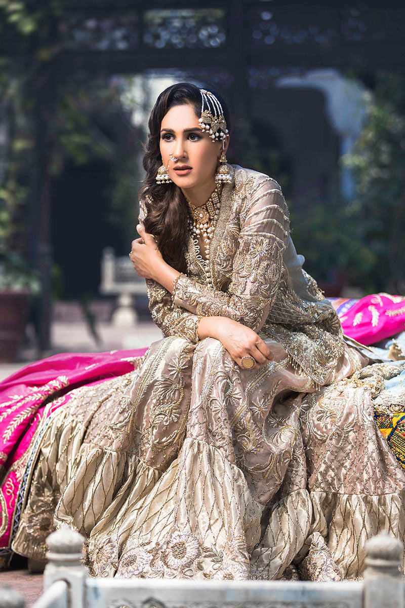 Salmon Peach Zari Tissue Gharara Set (3-Piece) - Image 3