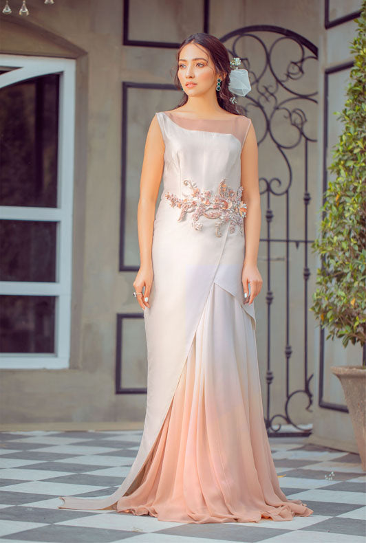 Pakistani Peach Ombre Embellished Korean Raw Silk Gown (1-Pc) - Image 1