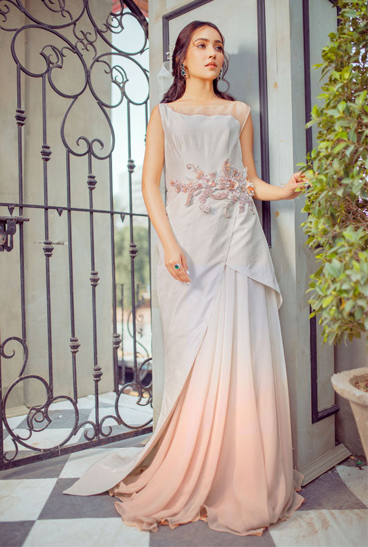 Pakistani Peach Ombre Embellished Korean Raw Silk Gown (1-Pc) - Image 5