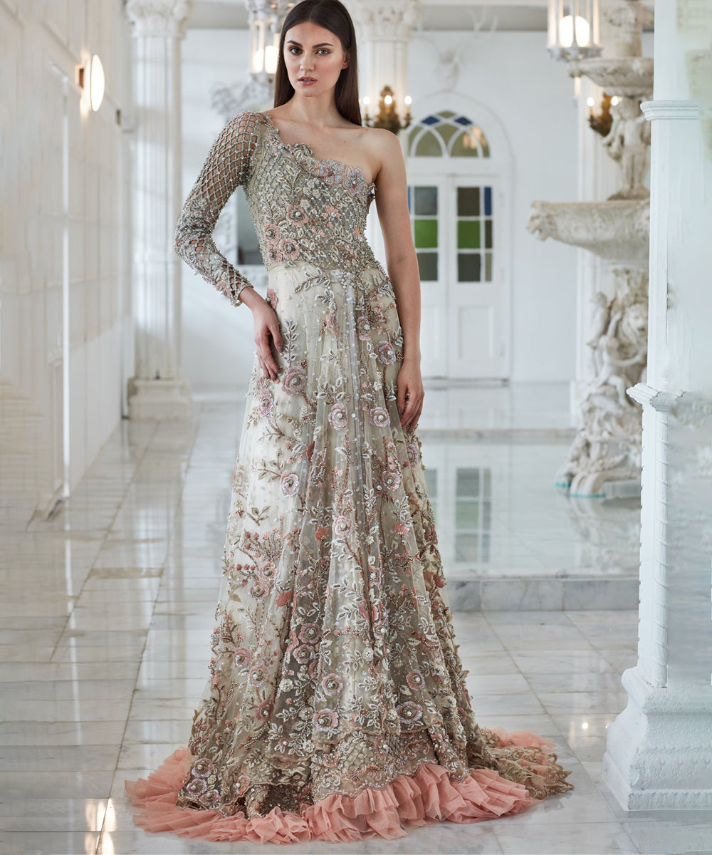 Pastel Peach Embellished Net Silk Gown (1-Pc) - Image 1