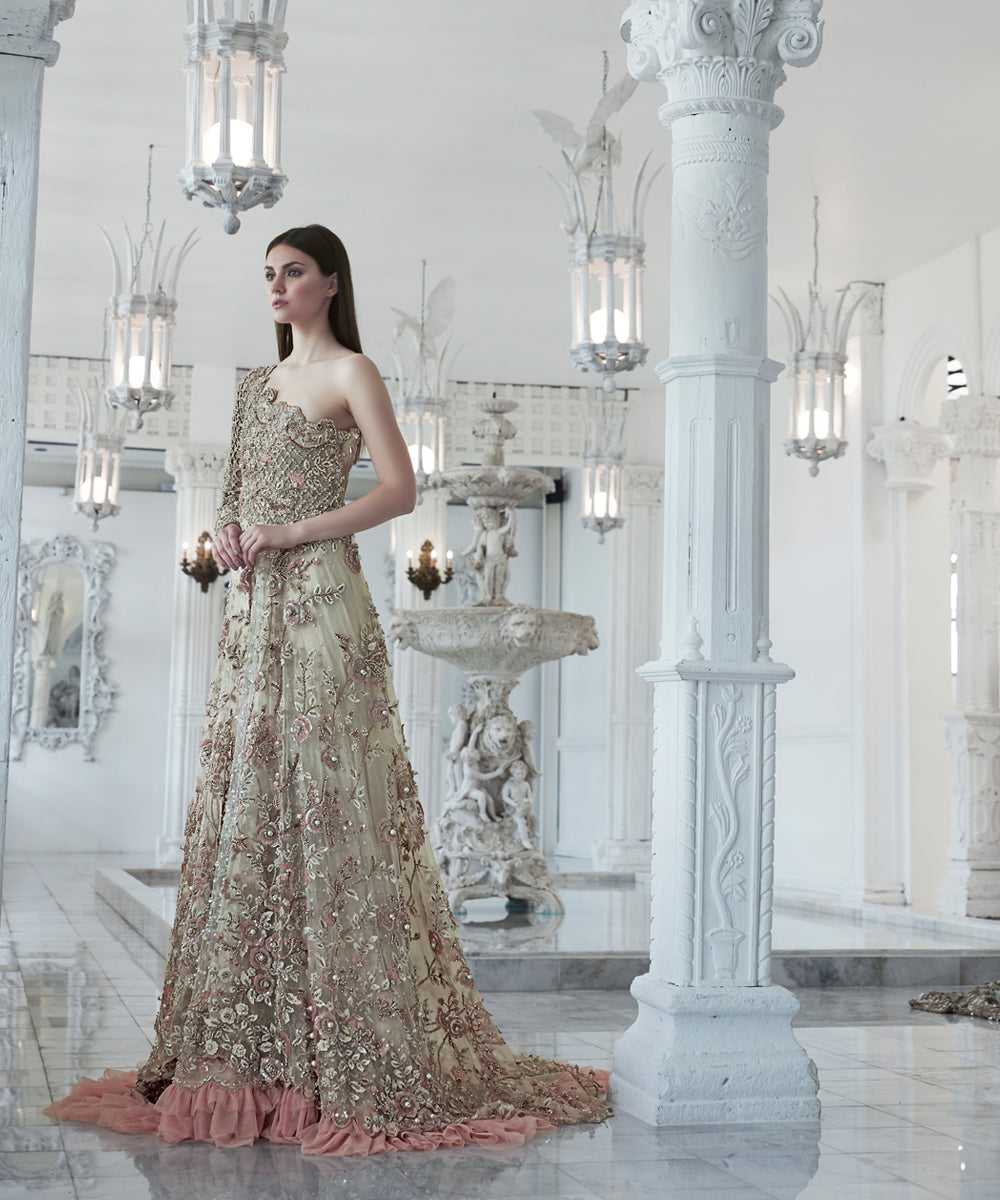 Pastel Peach Embellished Net Silk Gown (1-Pc) - Image 2