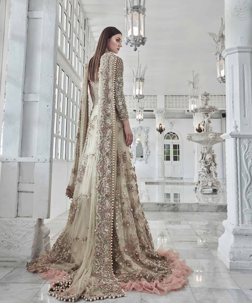 Pastel Peach Embellished Net Silk Gown (1-Pc) - Image 3