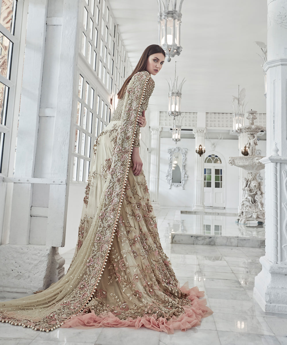 Pastel Peach Embellished Net Silk Gown (1-Pc) - Image 4