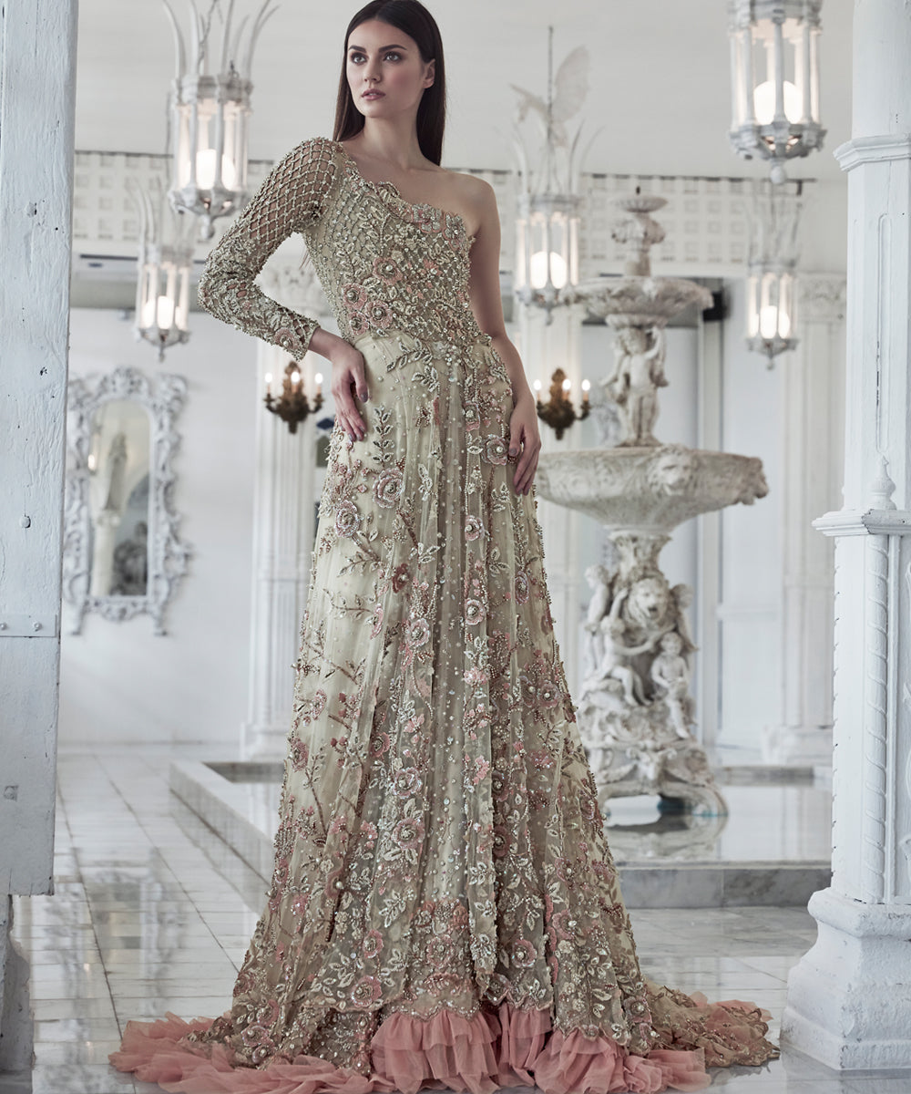 Pastel Peach Embellished Net Silk Gown (1-Pc) - Image 5